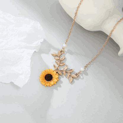 Sunflower and Leaf Branch Necklace | 18k Gold Plated