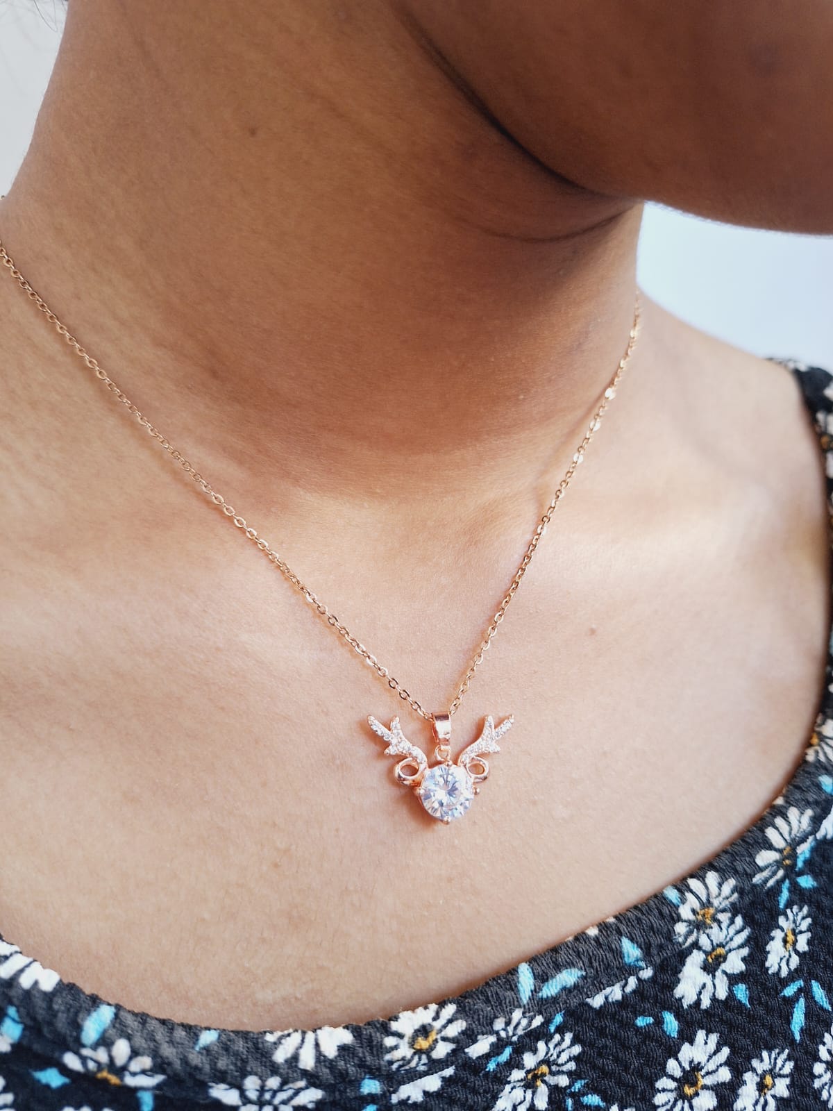 Rose Gold Plated CZ Studded Pendant With Chain