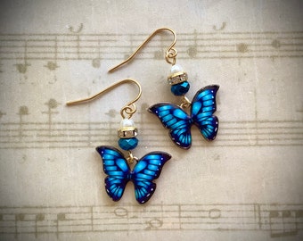 Gold Plated Pink & Blue Butter Fly Drop Earrings