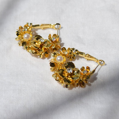 Gold Flower Pearls Hoop Earrings